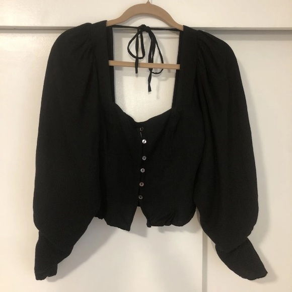KHAITE BLACK BUTTON UP BUSTIER SHIRT CROPPED SQUARE NECK BLOUSE FULL SLEEVE - Picture 2 of 16